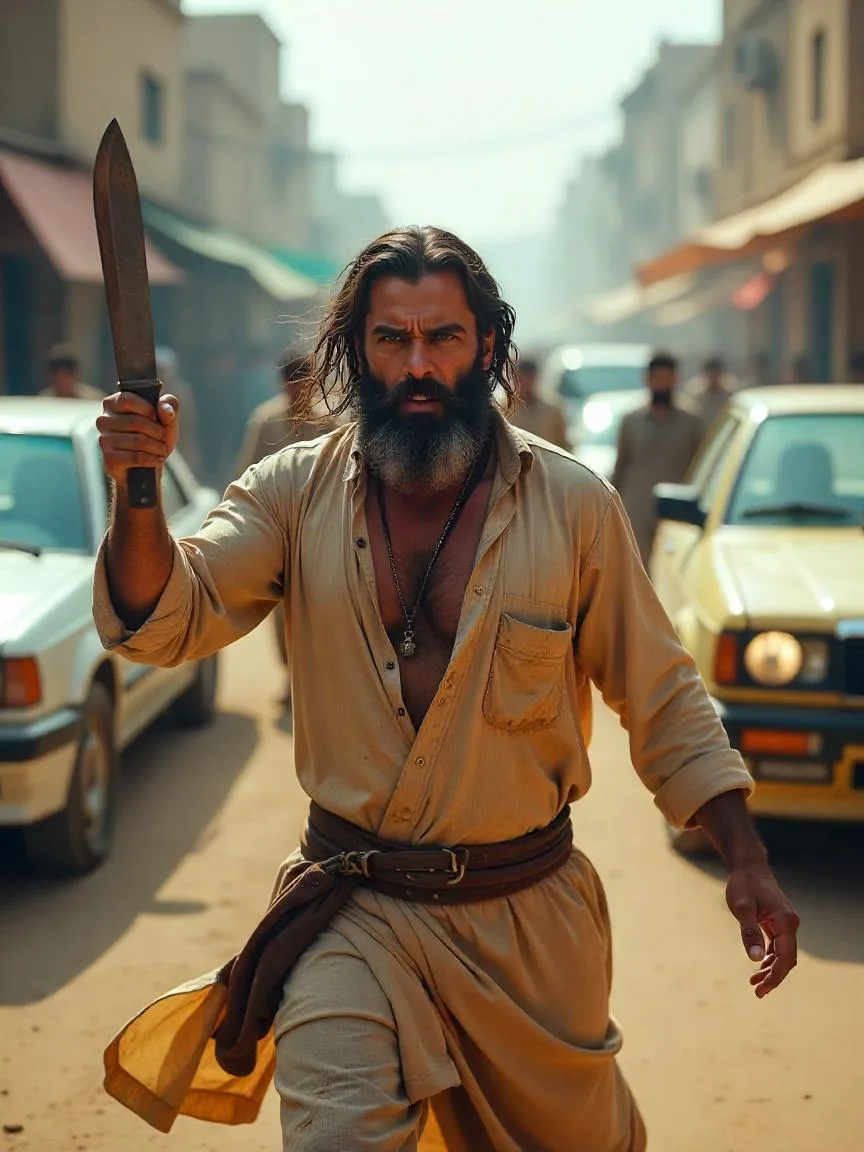 Un loco con Machete en mano corre a los carros